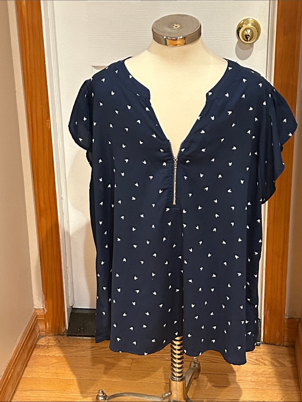 Blu Pepper Navy Zip-Notch Flutter Sleeve Blouse with White Dot Print